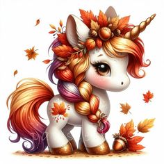 a cute little pony with autumn leaves on its head