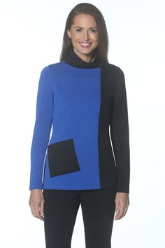 This Peruvian pima cotton/spandex top is designed to deliver the most luxurious and lustrous feel, in a garment that fits like a dream! This knit cowl neck top has a colorblock pattern, long sleeves, a cowl turtleneck, and a square front pocket. It hits at the hip with 2" slits on the sides. 96% Pima Cotton, 4% Spandex. Machine wash cold or dry clean. Made in Peru. Color Block Pattern, Cowl Neck Tunic, Spandex Top, Cowl Neck Top, Knit Cowl, Block Pattern, Pima Cotton, Neck Designs, Cotton Spandex