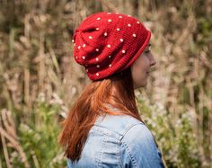 Red Hand Knitted Slouchy Beanie Hat with Embroidered Dots Winter Red, Slouchy Beanie Hat, Etsy Christmas, White Hat, Slouchy Beanie, Urban Style, Manado, Knit Outfit, Winter Accessories