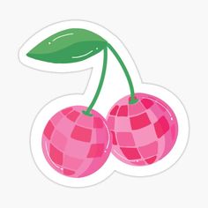 two pink cherries with green leaves on them