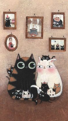 a painting of cats and kittens sitting together in front of pictures on the wall