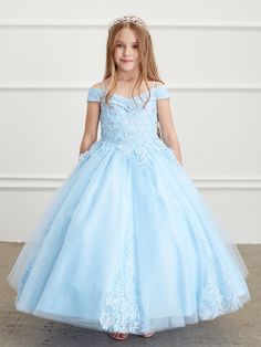 Gorgeous dress from Tip Top Kids will offer her the perfect chance to dial up the glamour and captivate the viewers. Off shoulder style with beaded floral lace on the heart shaped bodice and tulle skirt with beautiful beaded lace appliques. Comes in sky blue with lace corset and zipper closure at the back. Blue Lace Pageant Dress, Blue Lace Dress For Pageant, Blue Lace Dresses For Pageant, Blue Lace Dresses For Pageants, Elegant Blue Dress For Confirmation, Blue Dress For Kids, Blue Dresses For Kids, Powder Blue Gown, Princess Frocks