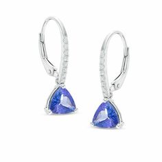 Destined to dazzle, these vibrant gemstone drop earrings appeal to her sophisticated taste. Fashioned in 14K white gold, each shimmering drop highlights a 6.5mm trillion-cut violet-purple tanzanite. A row of glittering diamond accents adorns the curved ear wire above to complete the choice. Buffed to a brilliant luster, these sparkling earrings secure with lever backs. Zales Jewelry Earrings, Trillion Earrings, Diamond Earrings Studs Round, Gemstone Drop Earrings, Gem Earrings, Tanzanite Diamond, Silver Jewelry Fashion, Diamond Stud Earrings, Classic Jewelry