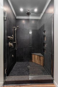 a walk in shower sitting inside of a bathroom