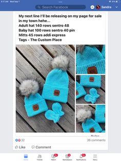 a facebook post with two photos of hats and mittens on it, one is blue