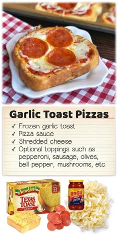 an advertisement for garlic toast pizzas on a plate with cheese and other toppings