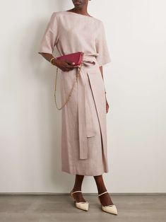 LORO PIANA Belted linen, wool and silk-blend midi skirt Formal Spring Linen Skirt, Formal Linen Skirt For Spring, Linen Wrap Skirt For Spring Workwear, Elegant Beige Linen Skirt, Elegant Long Linen Wrap Skirt, Elegant Linen Wrap Skirt, Elegant Linen Skirt, Elegant Linen Daywear Skirt, Fitted Linen Formal Skirt