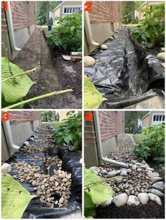 four pictures show the steps leading up to a house with rocks and plants in it