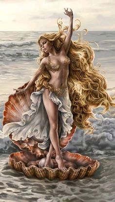 a painting of a woman with long blonde hair standing on a shell in the ocean