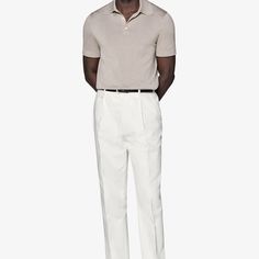 Elevate your ensemble with these high-rise, regular-fit pants in a subtle off-white, featuring a refined single pleat, secure button and hook closure, and sharp straight leg cut. White Pants With Welt Pockets For Summer, Classic White Tapered Leg Bottoms, White Dress Pants With Tapered Leg And Pockets, White Tapered Leg Dress Pants With Pockets, White Straight Leg Pants For Formal Occasions, Classic Cream Tapered Leg Pants, White Straight Leg Dress Pants For Business Casual, Classic White Wide Leg Pants, Classic White Cotton Dress Pants