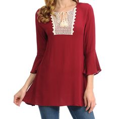 Infuse Your Ensemble With Feminine Flair With The Flowing Bell Sleeves On This Lightweight Tunic. All Sizes Available 100% Cotton Hand Wash, Hang Dry Made In Usa Red Lace Trim Tops For Spring, Red Viscose Tops For Summer, Red Bohemian Tops With Lace Trim, Bohemian Red Tops With Lace Trim, Wine Crochet, Front Tie Top, Tie Top, Bell Sleeve, Indian Dresses