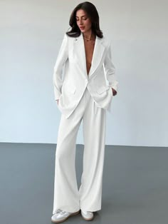 New Elegant Commuter Suit Set With Silhouette Design, Long Suit Jacket White Elegant    Plain  Non-Stretch  Women Clothing, size features are:Bust: ,Length: ,Sleeve Length: Womens Wedding Pant Suits, White Wedding Costume Woman, Woman’s Wedding Suit, Women’s Pantsuit, Birthday Suits Women, Tailored Suits Women, White Suits For Women Wedding, Womens Wedding Suits Brides, Wedding Pantsuit The Bride Two Pieces