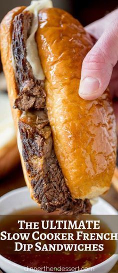 the ultimate slow cooker french dip sandwich is ready to be eaten by someone else