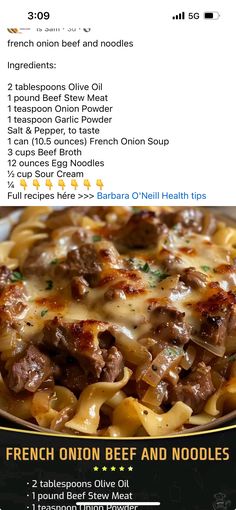 an image of a menu for french onion beef and noodles