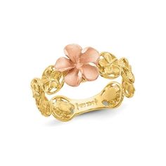 A plush rose pink gold flower is the main centerpiece of this floral inspired ring crafted in shimmering 14 karat yellow gold. This 14K gold ring weighs 2.40 grams. 14K Yellow and Pink Gold Plumeria Flower Ring Size: 7.  Gender: female.  Age Group: adult. Gold Floral Jewelry, Fine Jewelry Rose Gold Flower Ring, Fine Jewelry Flower Shaped Rose Gold Rings, Rose Gold Flower Shaped Fine Jewelry Ring, Rose Gold Flower Shaped Fine Rings, 14k Rose Gold Flower Shaped Ring, 14k Rose Gold Flower Ring, Promise Rings Gold, Emily Garcia