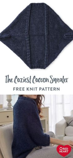 the coziest cocoon sweater knitting pattern is shown in two different colors and sizes