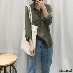 Olivia Mark - Elegant Long Sleeve Blouse with a Flattering Fit Casual Long Sleeve Khaki Blouse, Casual Khaki Blouse For Spring, Casual Khaki Blouse For Day Out, Casual Khaki Spring Blouse, Casual Khaki Cotton Blouse, Sleeve Stencil, Casual Cotton Top, Maternity Chic, Female Dancers