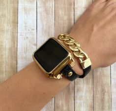 Super elegant and exquisite handmade chain link apple watch bracelet. Made to create a unique look to your favorite watch and make you feel special during all day and even night. The bracelet is made from gold plated brass chain links and decorated with gold plated details. PLEASE, MEASURE YOUR WRIST BEFORE ORDERING THE BAND. HOW TO MEASURE: Using a fabric tape measure, encircle the part of your wrist where you will be wearing your watch. If wrist measurement is not stated above, please provide Modern Adjustable Jewelry With Chain Strap, Gold Rectangular Watch Band With Leather Strap, Trendy Black Metal Watch Bands, Trendy Adjustable Chain Watch Bands, Adjustable Black Metal Apple Watch Band, Trendy Black Apple Watch Band For Everyday, Luxury Adjustable Jewelry With Chain Strap, Modern Gold Bracelets With Interchangeable Details, Luxury Adjustable Chain Strap Jewelry