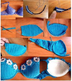 there are many pictures of crocheted hats and bras on the table together