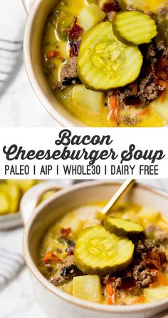 two bowls of bacon cheeseburger soup with sliced cucumbers on top and in the middle