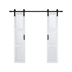 an open white door with black hardware on the top and bottom, against a white background