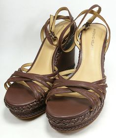 In this sale I am offering a Brand New pair of Antonio Melani Women’s Wedge Sandals Brown Braided Leather 4.75” Heel Size 9.5 M. Please look at photos provided for over-all condition. Photos are of the item you are bidding on.                            Thank-you, I.B. Cakewalk 0919sh1 Shipping weight: 2 Pounds 15x8x6 Wooden Wedges, Brown Wedge Sandals, Shoes Heels Classy, Heels Classy, Brown Wedges, Sandals Brown, Antonio Melani, Braided Leather, Fit Inspo