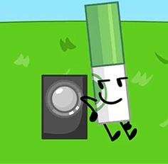 a cartoon character holding onto a speaker in the grass