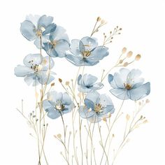 blue flowers with gold stems on a white background