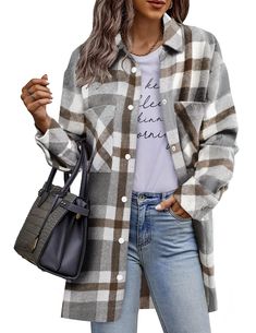 PRICES MAY VARY. Premium Fabric: Casual plaid Jacket is made with high quality flannel, the fabric is thick,wear resistant, and has good warmth retention, soft to the touch and comfortable to wear Functional Details: Women plaid shacket jacket features oversized fit, turn-down collar, long sleeves with button cuffs, bust pockets, side pockets and boyfriend style Multiple Occasions: From casual daily wear to special events, our fashion flannel shirts coat is your go-to piece. Perfect for shopping Flannel Jacket Women's, Oversized Flannel, Plaid Shirts, Flannel Women, Flannel Jacket, Long Sleeve Flannel, Casual Vest, Brown Plaid, Plaid Jacket