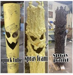 three different types of spray paint in various stages of being used to make halloween decorations