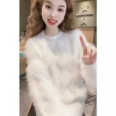 size: One Size, Color: White White Long Sleeve Party Sweater, White Crew Neck Sweater For Parties, White Casual Sweater For Party, Casual White Sweater For Parties, Chic White Tops For Winter, Loose Pullover Sweater, Fluffy Sweater, Beautiful Sweater, Winter Aesthetic