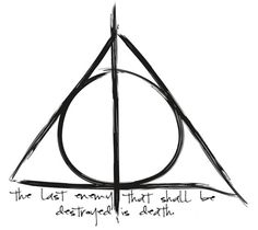 a drawing of the deathly hall logo with words written on it and an arrow pointing up