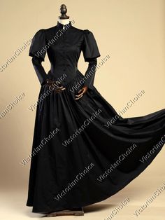 Smooth poly satin frock Steampunk gown with full length skirt, fully lined for extra comfort Leg-of-mutton sleeves with bottom v-hem bodice High collared and buttons down bodice Large waist bow ties in back of gown This Edwardian gown needs no hoop or petticoat underneath to achieve the popular look of the late 1800s 45 inches (114 cm) from waist to hem Follow us on our Instagram @VictorianChoice The best way to tell which size fits the best is to measure your own sizes first (bust size with bra Dickens Dress, Victorian Maid, Punk Costume, Gothic Gowns, Steampunk Black, Vampire Dress, Gothic Costume, Steampunk Dress, Witch Dress