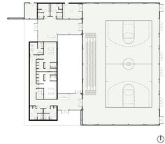 the floor plan for an indoor basketball court, with seating areas on each side and two courts