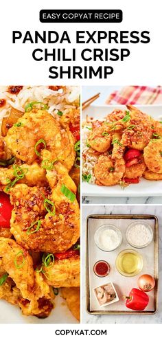 panda express chilli crisp shrimp is shown in three different pictures