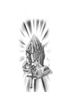 a black and white drawing of a praying person with a rosary on it's shoulder