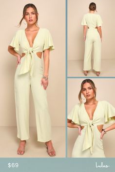 Once you arrive at your destination, enjoy the warm breeze and the Lulus Summer Journey Light Green Tie-Front Cutout Jumpsuit! Lightweight linen-blend woven fabric shapes this breezy jumpsuit with a deep V-neckline, a tie-front bodice, and fluttering short sleeves. A fitted waist with side cutouts sweeps down to a flowy wide pant legs. Hidden back zipper/clasp. Fit: This garment runs large - please size down. Length: Floor length. Size medium measures 56.5" from shoulder to hem. Inseam: 27.00 Fr