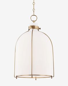 a light fixture with a white glass shade hanging from the bottom and gold chain around it