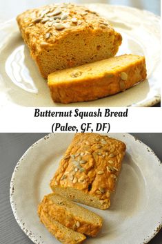 two pictures showing different types of bread on plates