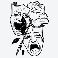 a black and white drawing of two masks with roses