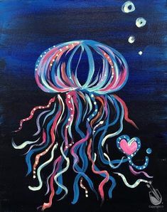 a painting of a jellyfish with bubbles floating in the water and hearts on its tail