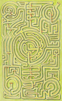 a drawing of a maze in green and yellow