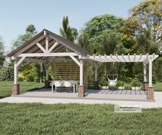 a gazebo with chairs and tables in the grass