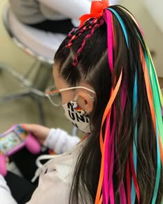 Colored Hair Clips Hairstyles, Rainbow Festival Hair, Hair Styles For Neon Party, Crazy Hair Halloween Ideas, Neon Hair Braids, Neon Hairstyles, Neon Braids Festival, Wacky Hair Day Ideas