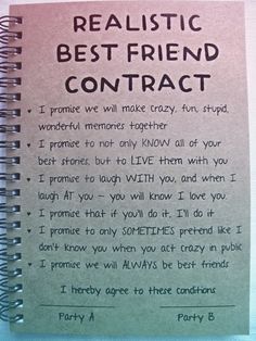 a note attached to a spiral notebook with the words realistic best friend contact written on it