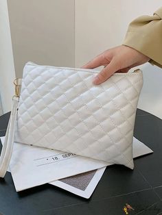 BirdinBag - White PU Quilted Square Bag with Elegant Zipper White Pouch Bag With Zipper, White Rectangular Pouch With Zipper Closure, Rectangular White Pouch With Zipper Closure, White Pouch Bag With Zipper Closure, White Zipper Pouch Shoulder Bag, White Rectangular Coin Purse With Zipper Closure, White Rectangular Coin Purse With Zipper, White Clutch Shoulder Bag With Zipper, White Clutch Shoulder Bag With Zipper Closure