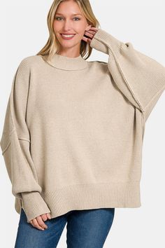 This Zenana Oversized Sweater is made with a high quality heavyweight knit beige fabric and features a ribbed neckline + cuffs. Free Shipping. Shop Now! Oversize Sweater, Cozy Night, Oversize Knit, Oversized Knitted Sweaters, Beige Fabric, Cozy Knit, Jumpsuit Shorts Rompers, Ribbed Knit Sweater, Ribbed Neckline