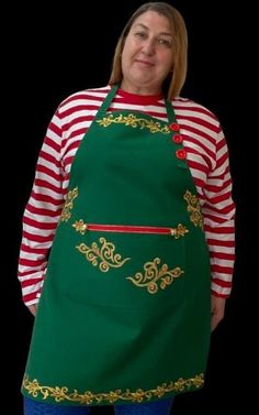 a woman wearing an apron and striped shirt