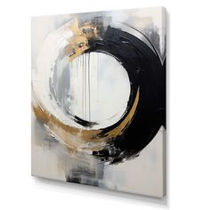 an abstract painting with black, white and gold colors on it's canvas frame