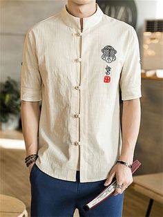 Description Product ID: MS1032 Material: Linen, Cotton Pattern: Chinese Characters Sleeve: Short Sleeve Neckline: Stand Collar Closure Type: Vintage Buttons Season: Spring, Summer, Autumn Style: Fashion, Simple, Casual Occasion: Street, Vacation, Daily Package included: 1* Shirt Size Chart (Asian Size): Please allow 1-3 cm measured error. Tag Size Length Chest Shoulder cm | inch cm | inch cm | inch M 65cm | 25.5'' 92cm | 36.2'' 41cm | 16.1'' L 67cm | 26.3'' 96cm | 37.7'' 42cm | 16.5'' XL 69cm | 27.1'' 100cm | 39.3'' 43cm | 16.9'' XXL 71cm | 27.9'' 104cm | 40.9'' 44cm | 17.3'' 3XL 73cm | 28.7'' 108cm | 42.4'' 45cm | 17.7'' 4XL 75cm | 29.5'' 112cm | 44.0'' 46cm | 18.1'' 5XL 77cm | 30.3'' 116cm | 45.6'' 47cm | 18.5'' Stand Collar Blouse With Buttons For Summer, Half Sleeve Cotton Tops With Buttons, Summer Blouse With Stand Collar And Buttons, Casual Spring Shirt With Stand Collar, Cotton Summer Shirt With Stand Collar, Beige Stand Collar Top For Spring, Summer Shirt With Stand Collar And Buttons, Casual Stand Collar Tops For Spring, Casual Spring Blouse With Stand Collar